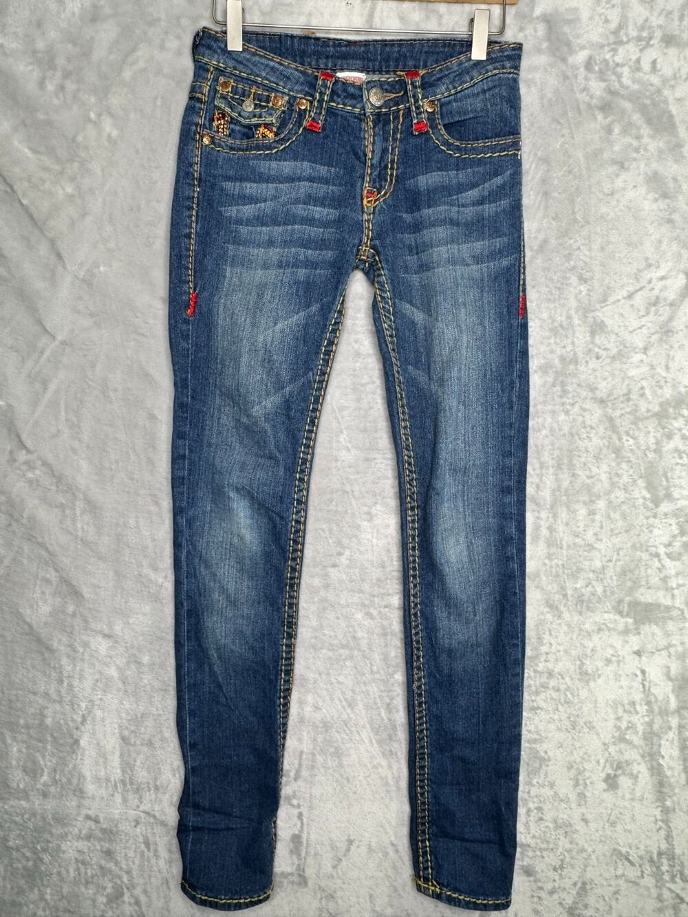 Vintage True Religion Joey Jeans Womens 26 Embroidered Pockets Low Rise Straight